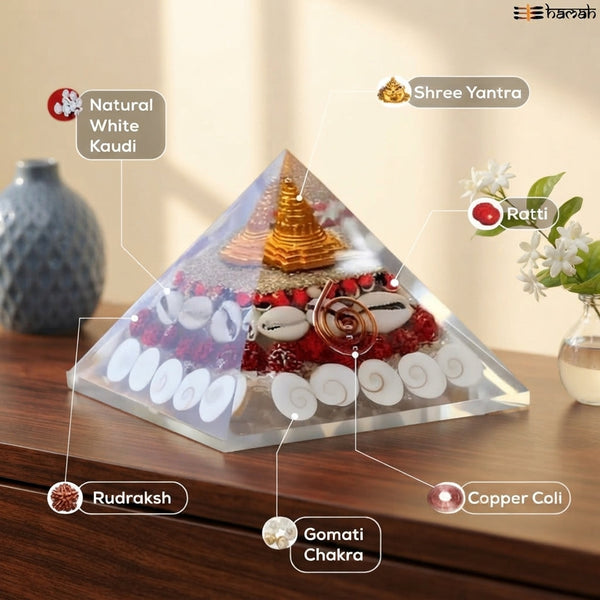 Crystal Shree Yantra pyramid with Gomati Chakra shells displayed on an entryway table in a home.