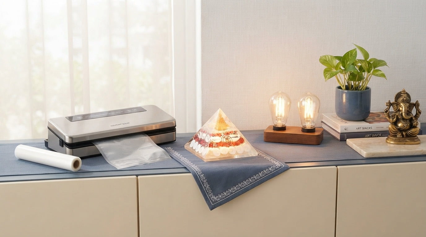 A crystal Shree Yantra pyramid, a vacuum sealer machine, and a solar LED lamp arranged on a modern table in a home setting.
